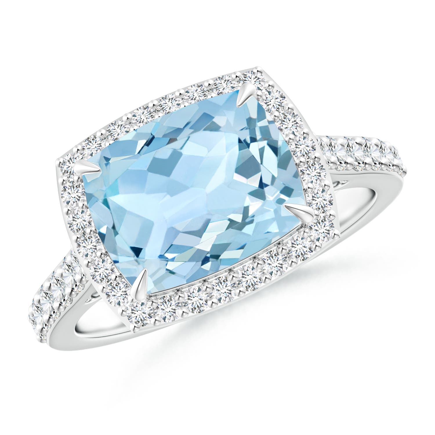 East-West Cushion Aquamarine Cocktail Halo Ring | Angara