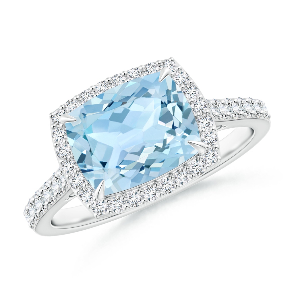 9x7mm AAA East-West Cushion Aquamarine Cocktail Halo Ring in White Gold