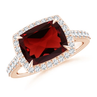 10x8mm AAA East-West Cushion Garnet Cocktail Halo Ring in Rose Gold