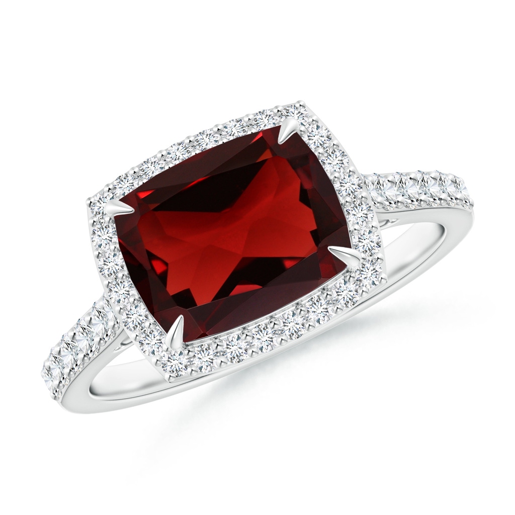 9x7mm AAA East-West Cushion Garnet Cocktail Halo Ring in White Gold