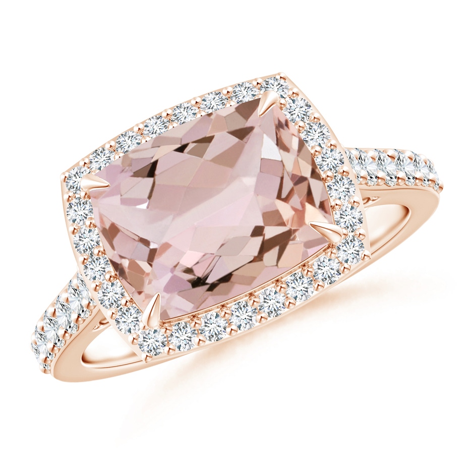10x8mm AA East-West Cushion Morganite Cocktail Halo Ring in Rose Gold 