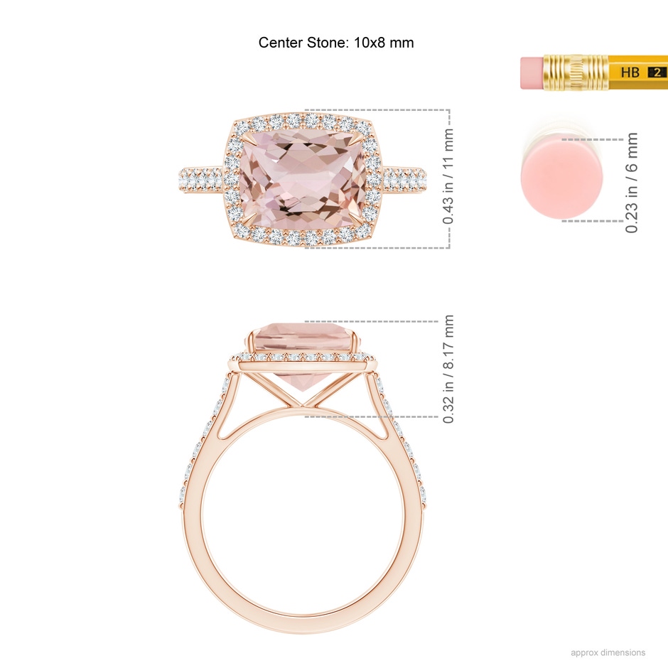 10x8mm AA East-West Cushion Morganite Cocktail Halo Ring in Rose Gold ruler