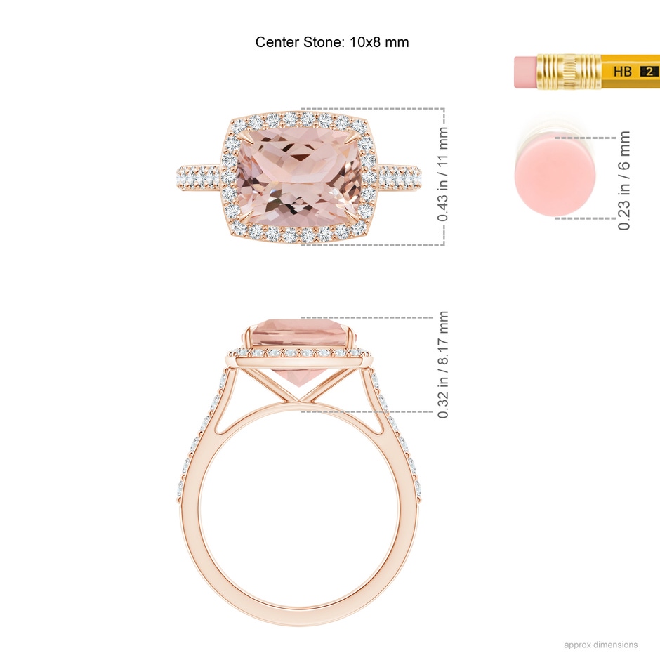 10x8mm AAA East-West Cushion Morganite Cocktail Halo Ring in Rose Gold ruler