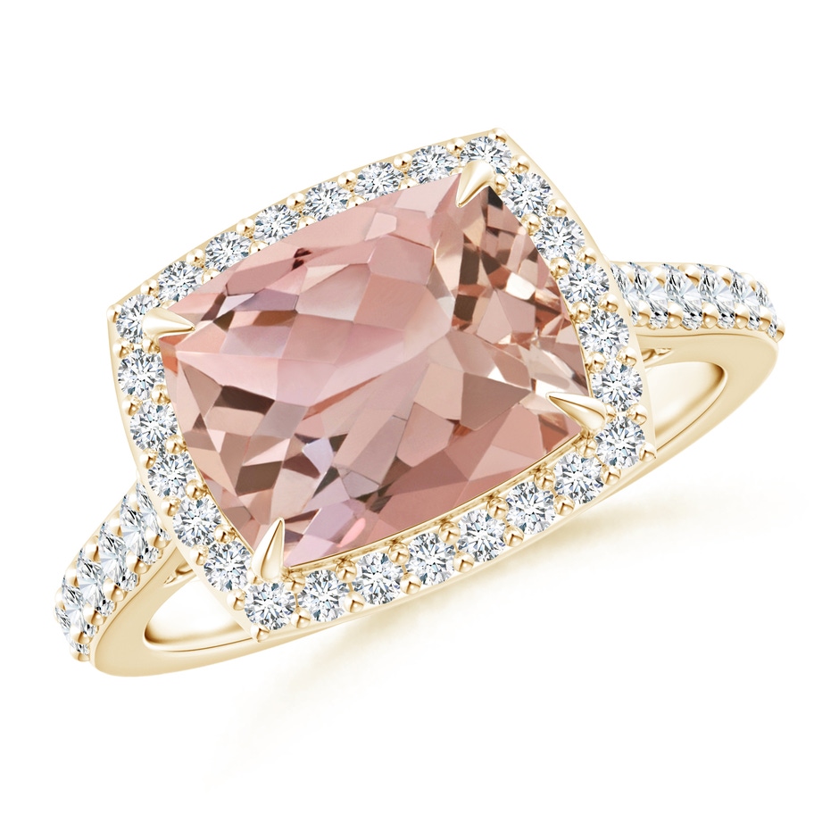 10x8mm AAAA East-West Cushion Morganite Cocktail Halo Ring in Yellow Gold 
