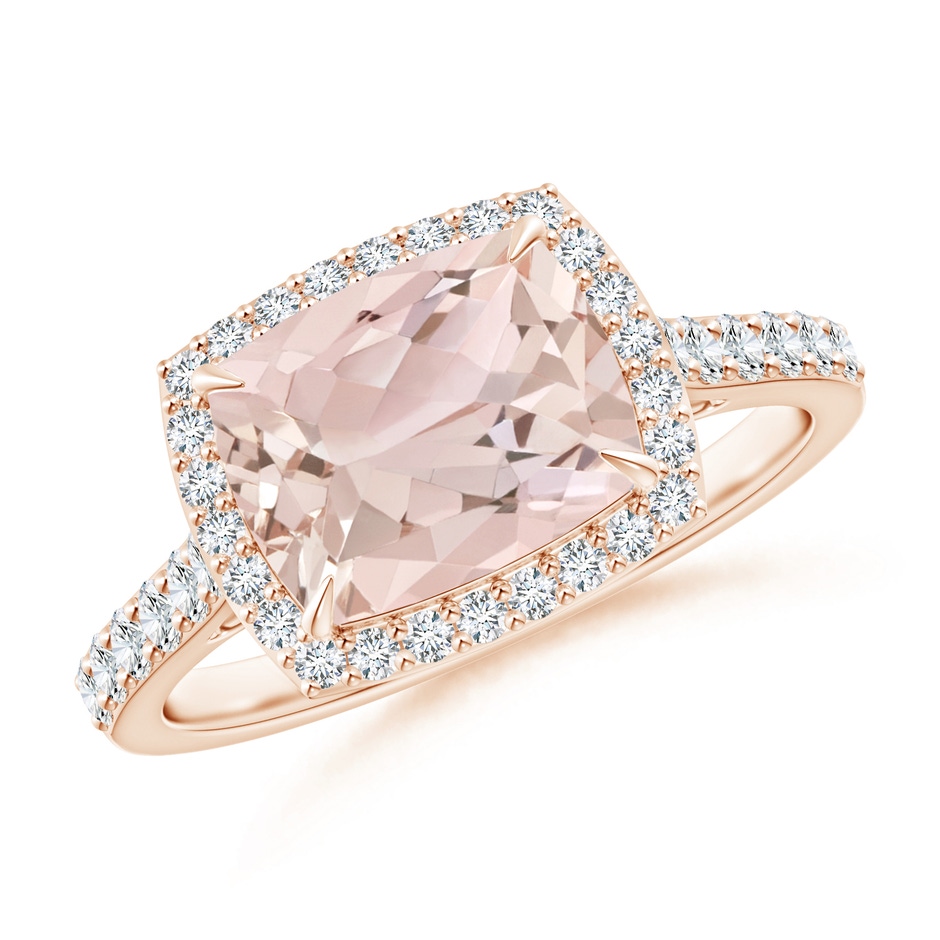 9x7mm A East-West Cushion Morganite Cocktail Halo Ring in Rose Gold 