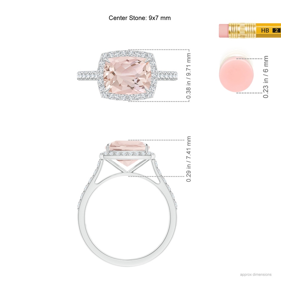 9x7mm A East-West Cushion Morganite Cocktail Halo Ring in White Gold ruler