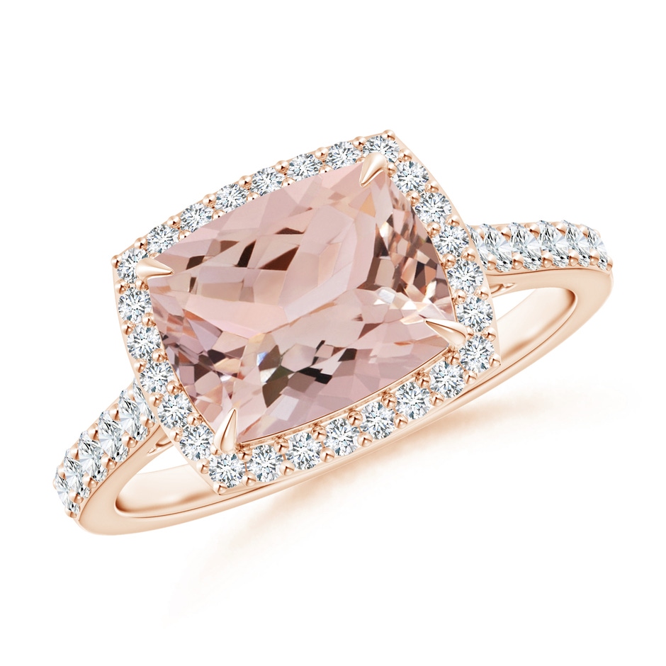 9x7mm AAA East-West Cushion Morganite Cocktail Halo Ring in Rose Gold 
