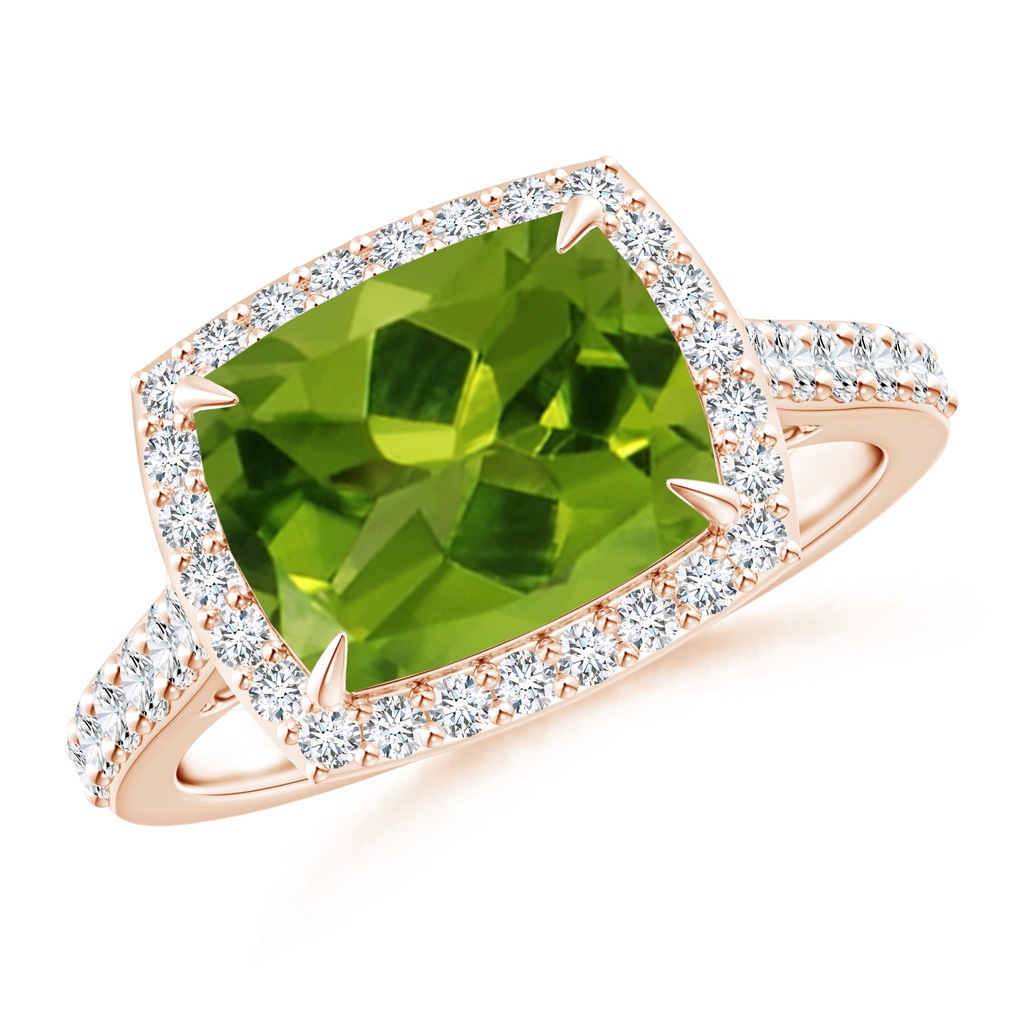 10x8mm AAAA East-West Cushion Peridot Cocktail Halo Ring in Rose Gold