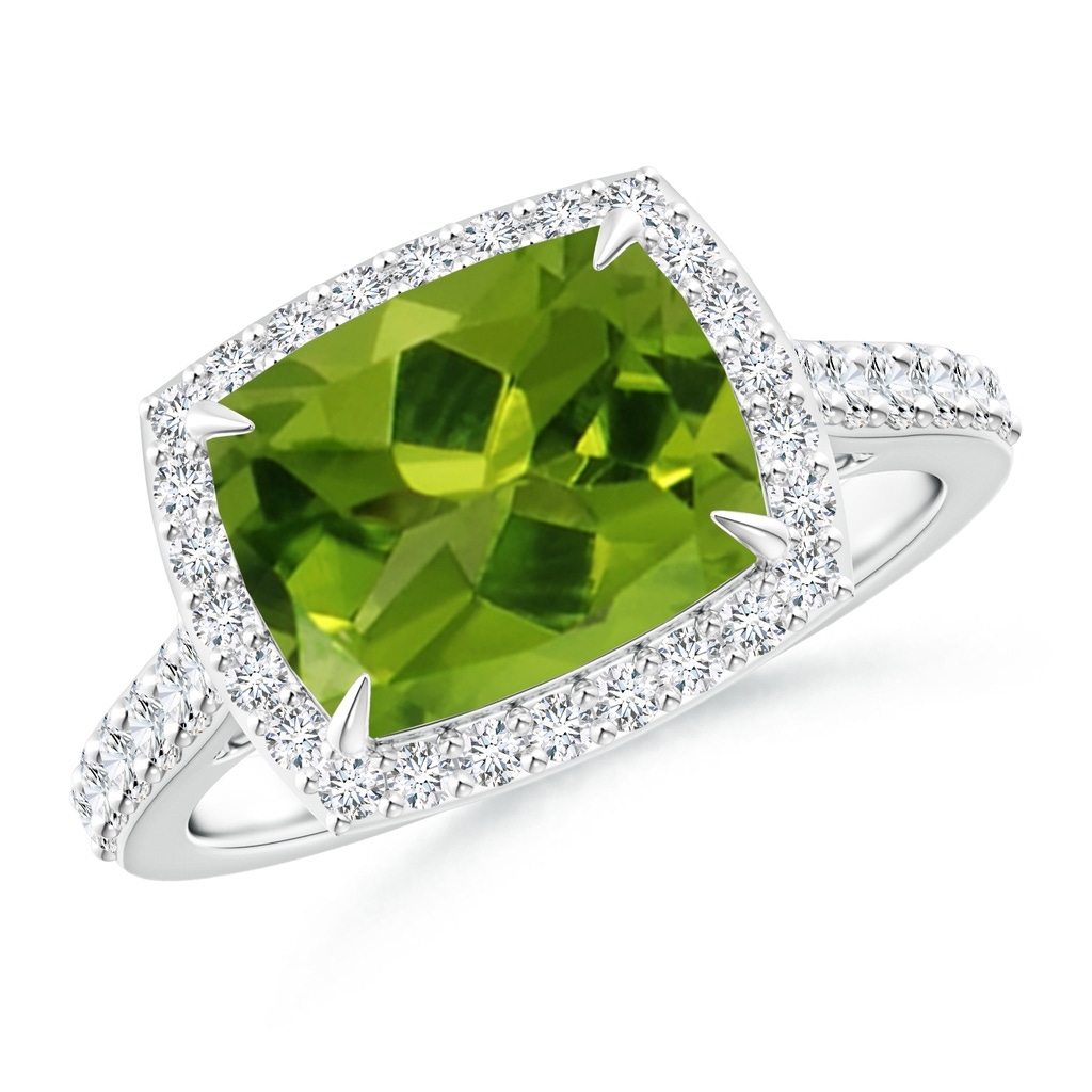 10x8mm AAAA East-West Cushion Peridot Cocktail Halo Ring in White Gold