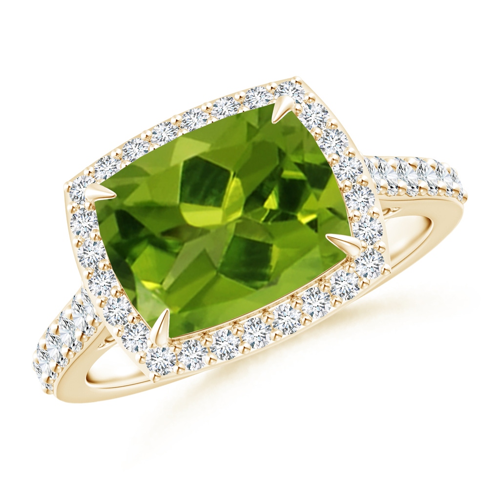 10x8mm AAAA East-West Cushion Peridot Cocktail Halo Ring in Yellow Gold