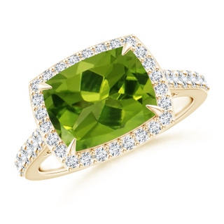 10x8mm AAAA East-West Cushion Peridot Cocktail Halo Ring in Yellow Gold