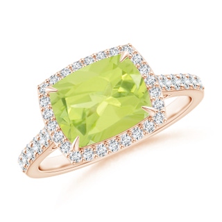 9x7mm A East-West Cushion Peridot Cocktail Halo Ring in 10K Rose Gold