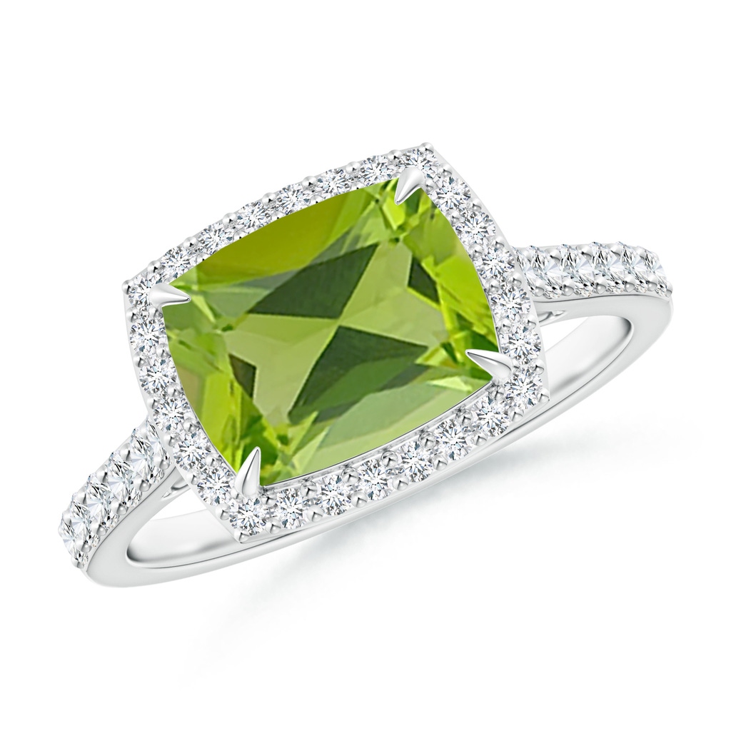 9x7mm AAA East-West Cushion Peridot Cocktail Halo Ring in White Gold