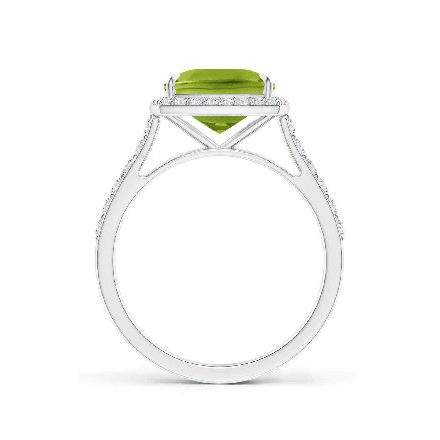 9x7mm AAA East-West Cushion Peridot Cocktail Halo Ring in White Gold - side 2