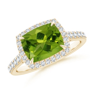 9x7mm AAAA East-West Cushion Peridot Cocktail Halo Ring in Yellow Gold