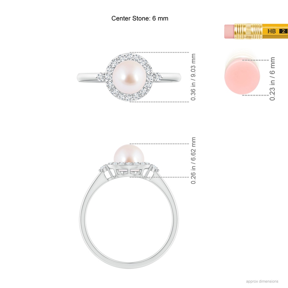 6mm AAA Japanese Akoya Pearl Halo Engagement Ring in White Gold ruler