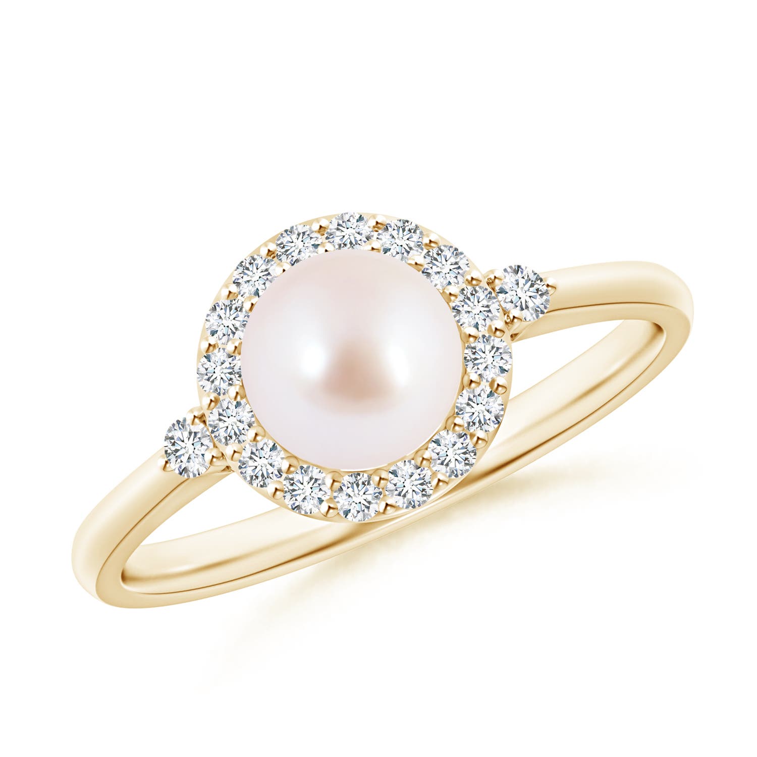 6mm AAA Japanese Akoya Pearl Halo Engagement Ring in Yellow Gold