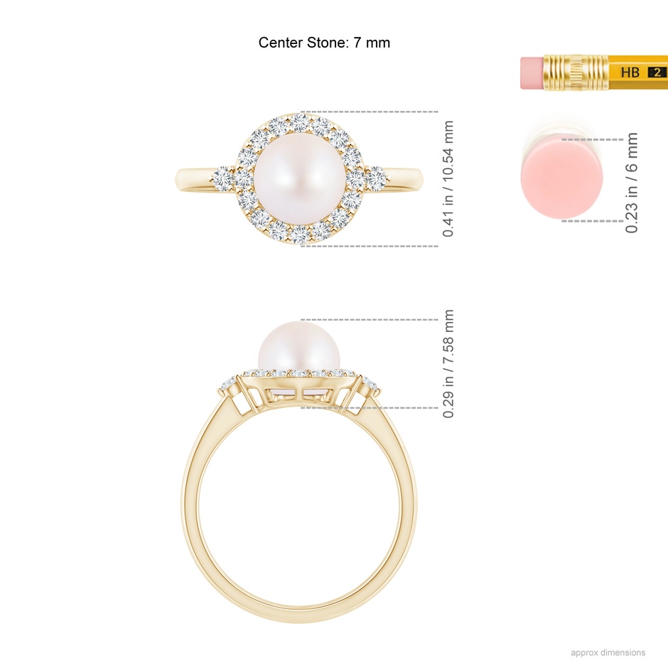 7mm AA Japanese Akoya Pearl Halo Engagement Ring in Yellow Gold ruler