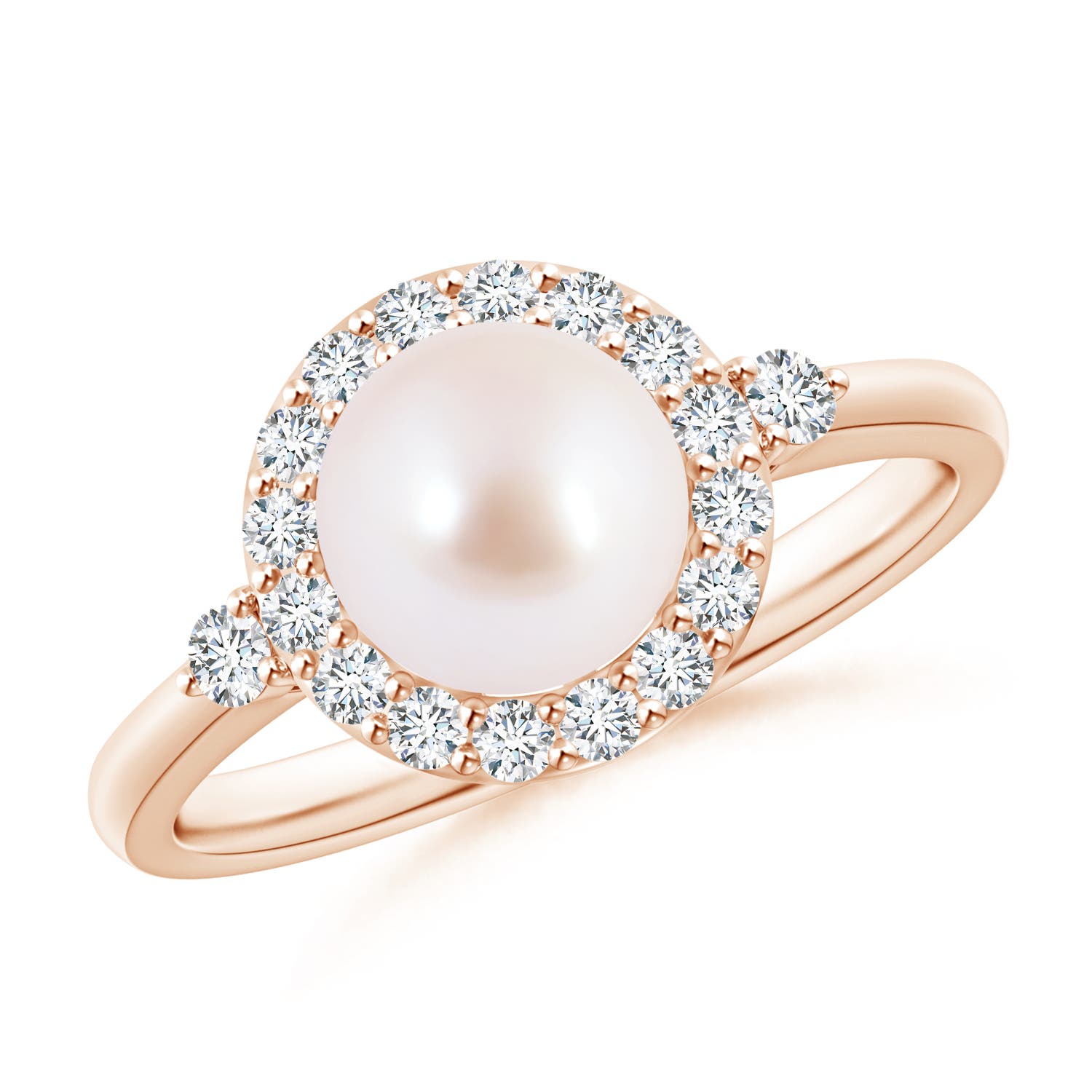 7mm AAA Japanese Akoya Pearl Halo Engagement Ring in Rose Gold
