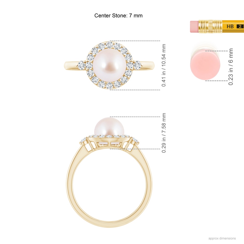 7mm AAA Japanese Akoya Pearl Halo Engagement Ring in Yellow Gold ruler