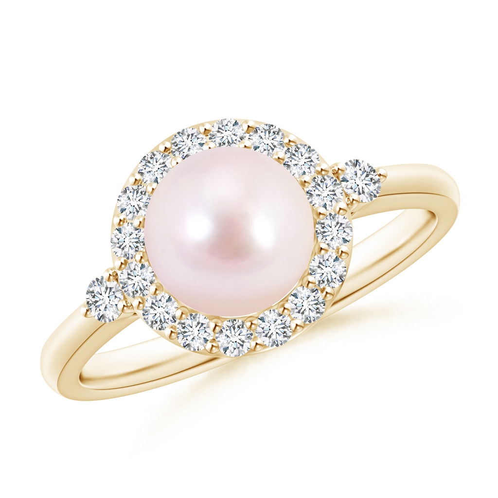7mm AAAA Japanese Akoya Pearl Halo Engagement Ring in Yellow Gold 