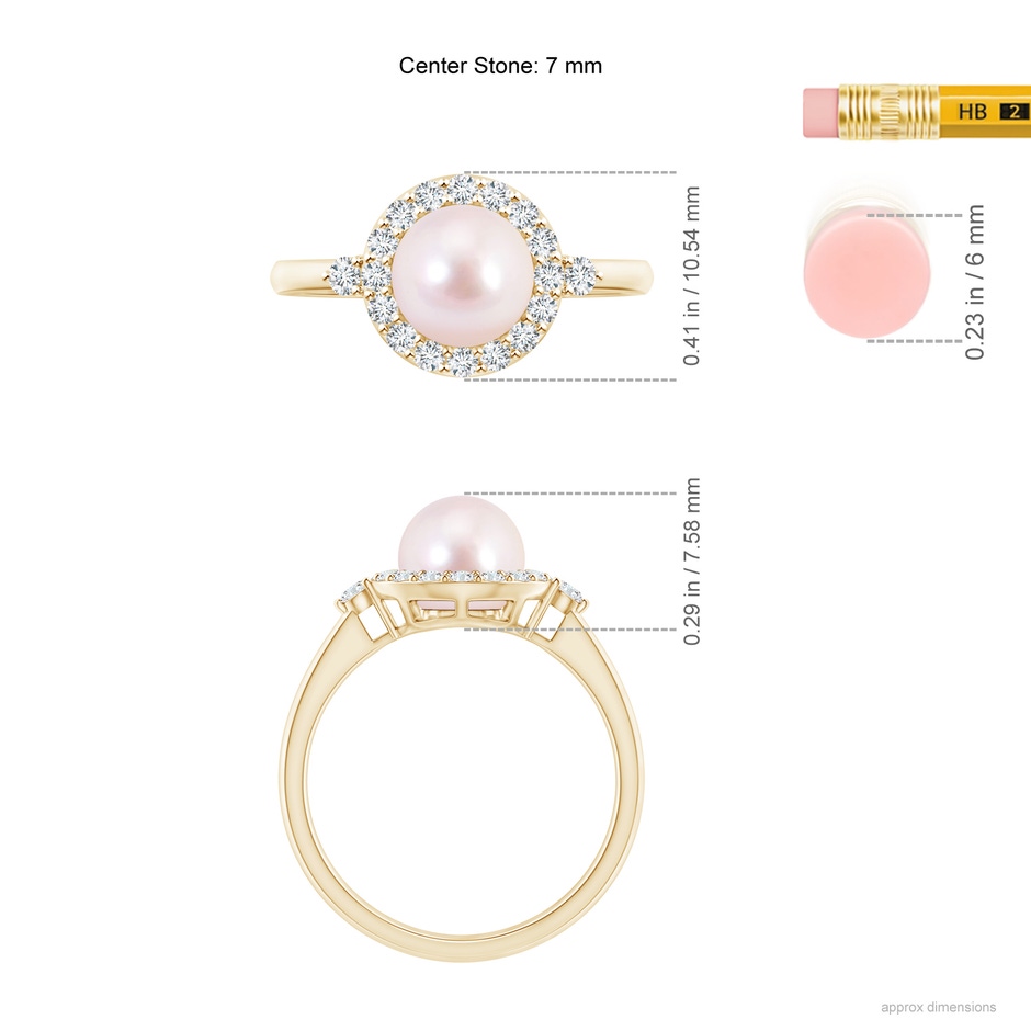 7mm AAAA Japanese Akoya Pearl Halo Engagement Ring in Yellow Gold ruler