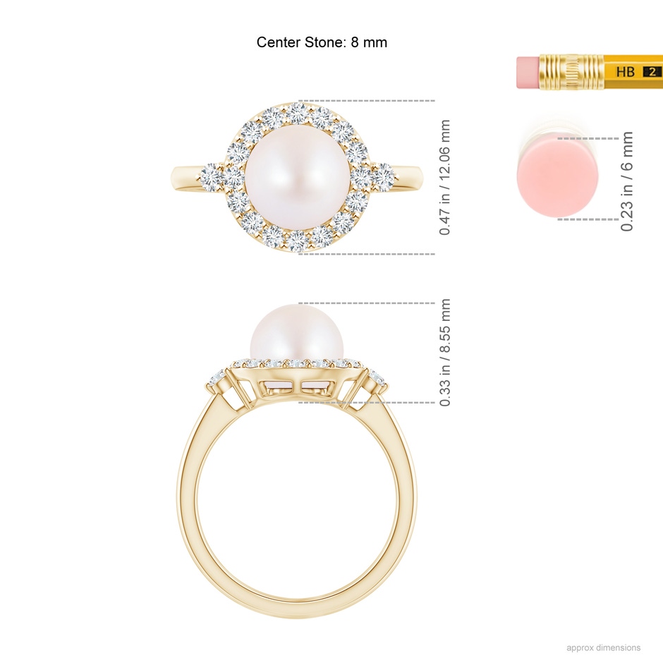 8mm AA Japanese Akoya Pearl Halo Engagement Ring in Yellow Gold ruler