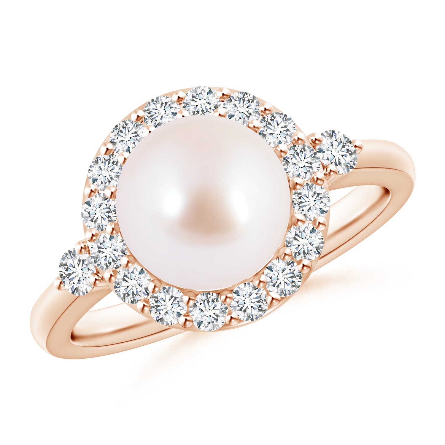 8mm AAA Japanese Akoya Pearl Halo Engagement Ring in Rose Gold