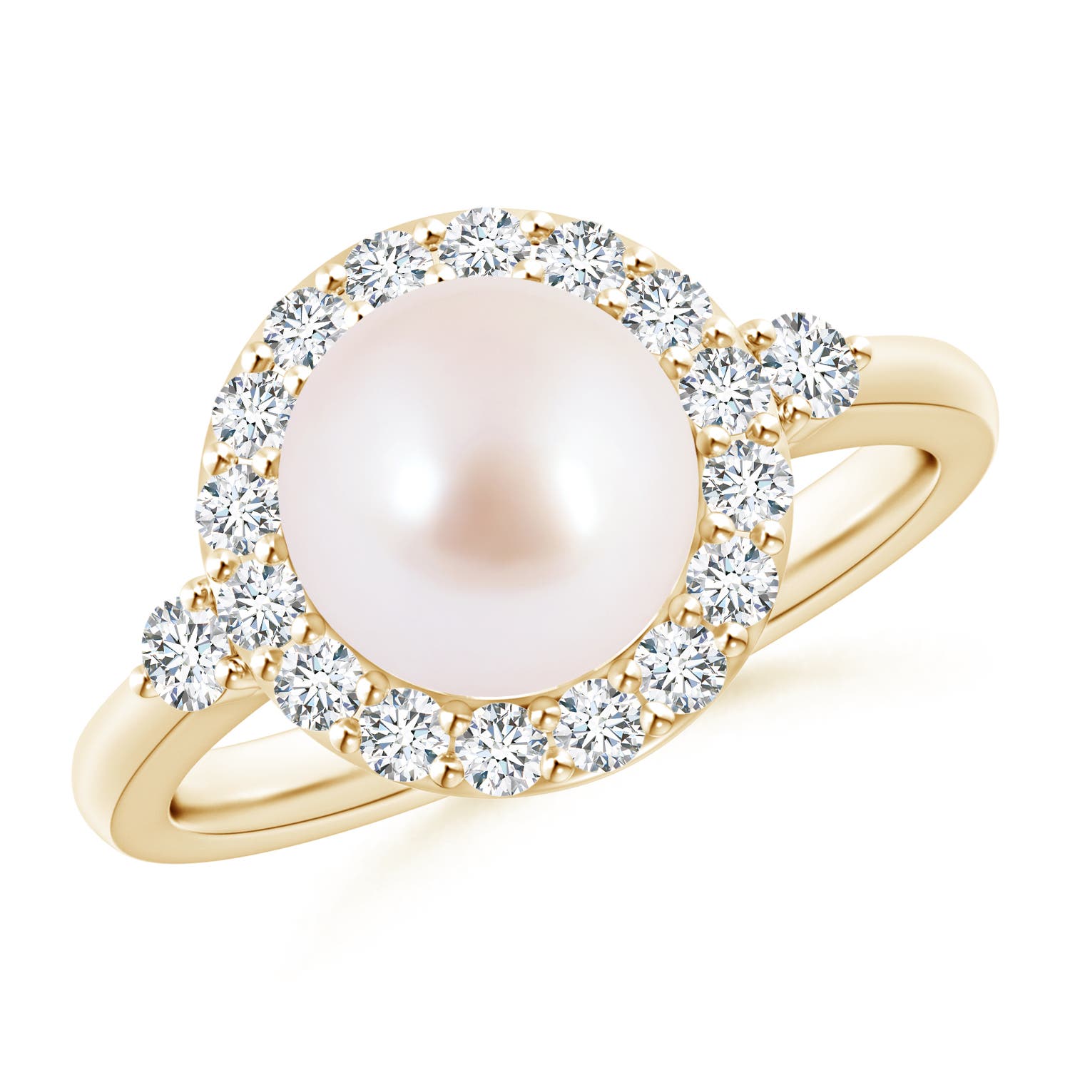 8mm AAA Japanese Akoya Pearl Halo Engagement Ring in Yellow Gold