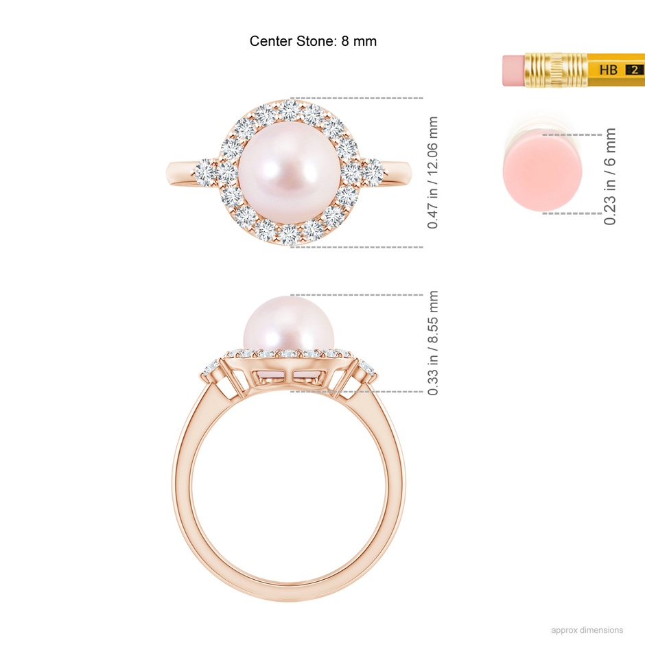 8mm AAAA Japanese Akoya Pearl Halo Engagement Ring in Rose Gold ruler