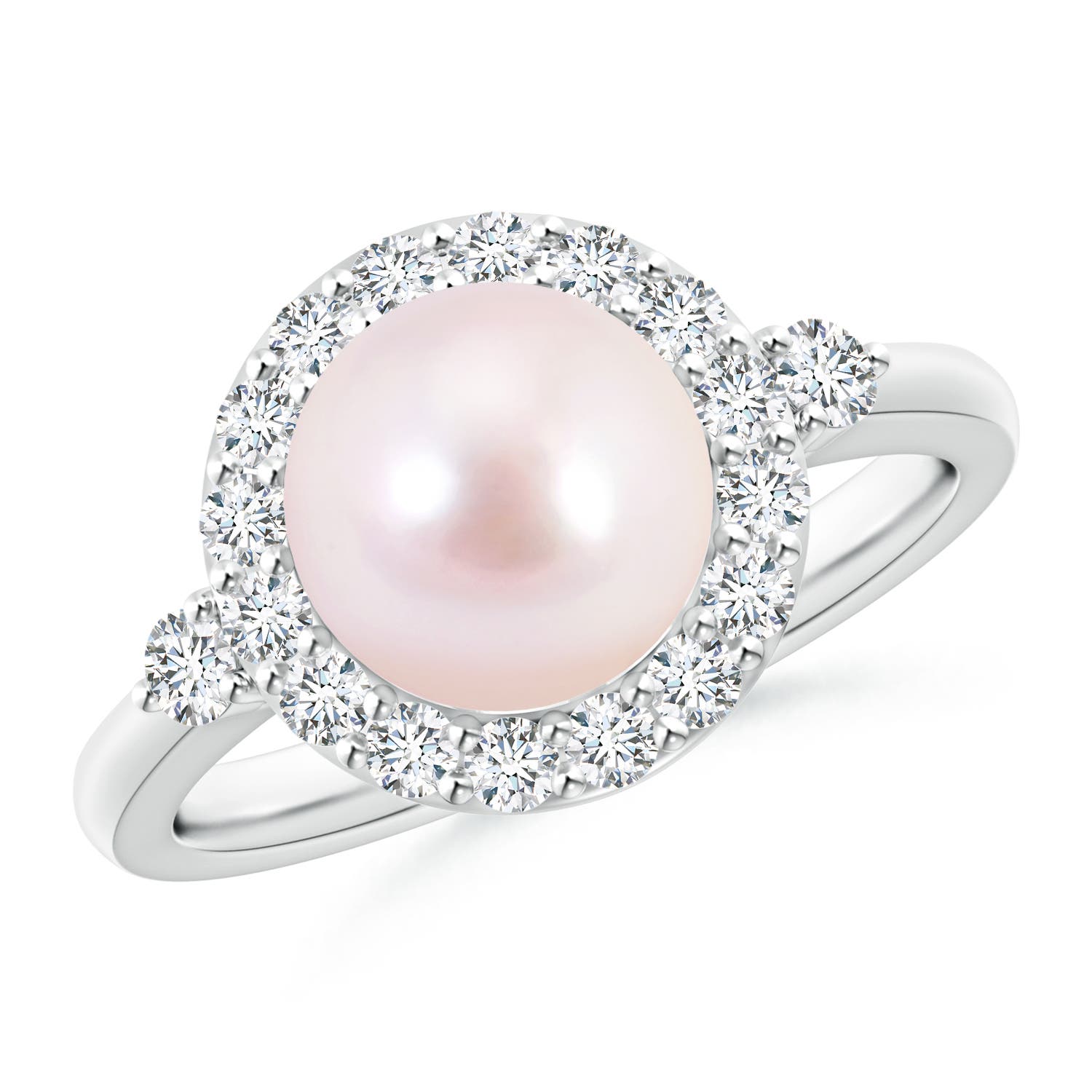 8mm AAAA Japanese Akoya Pearl Halo Engagement Ring in White Gold