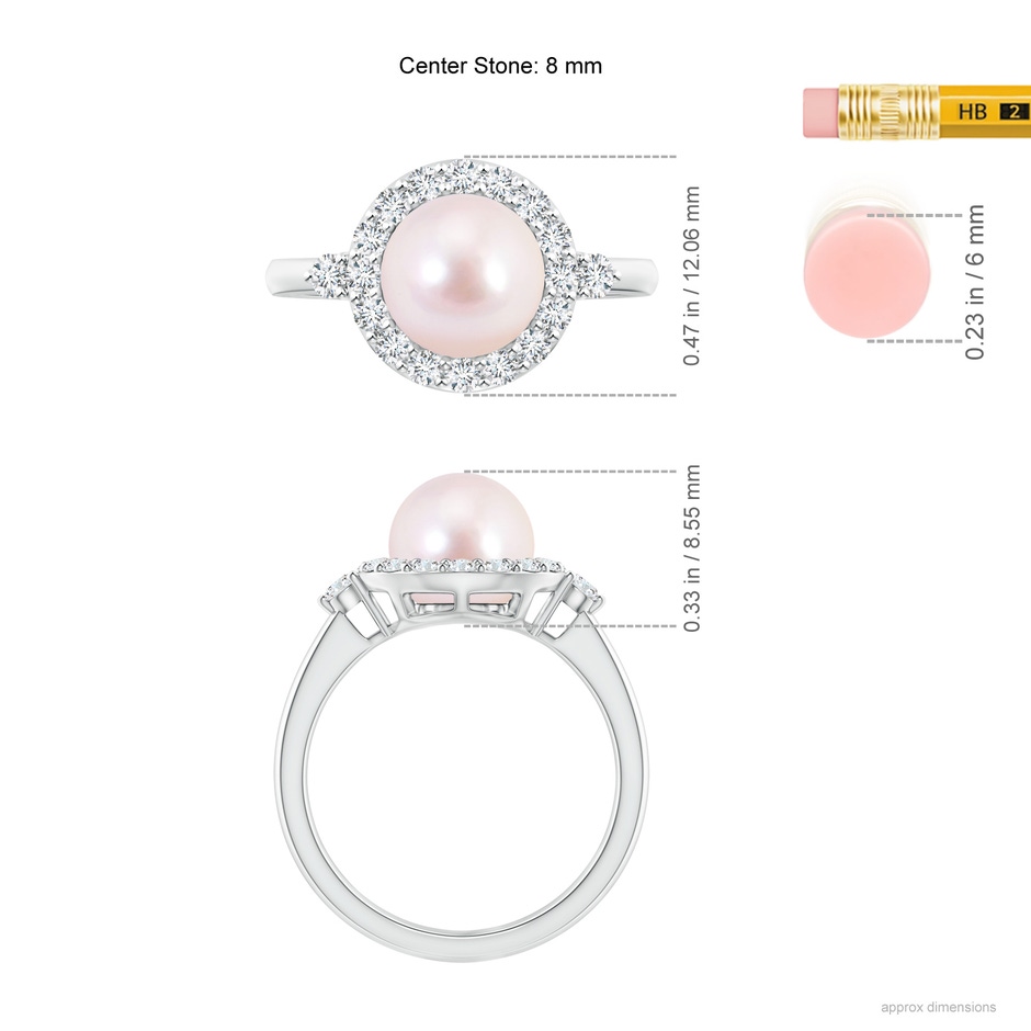 8mm AAAA Japanese Akoya Pearl Halo Engagement Ring in White Gold ruler