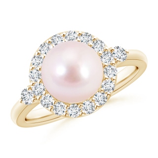 8mm AAAA Japanese Akoya Pearl Halo Engagement Ring in Yellow Gold