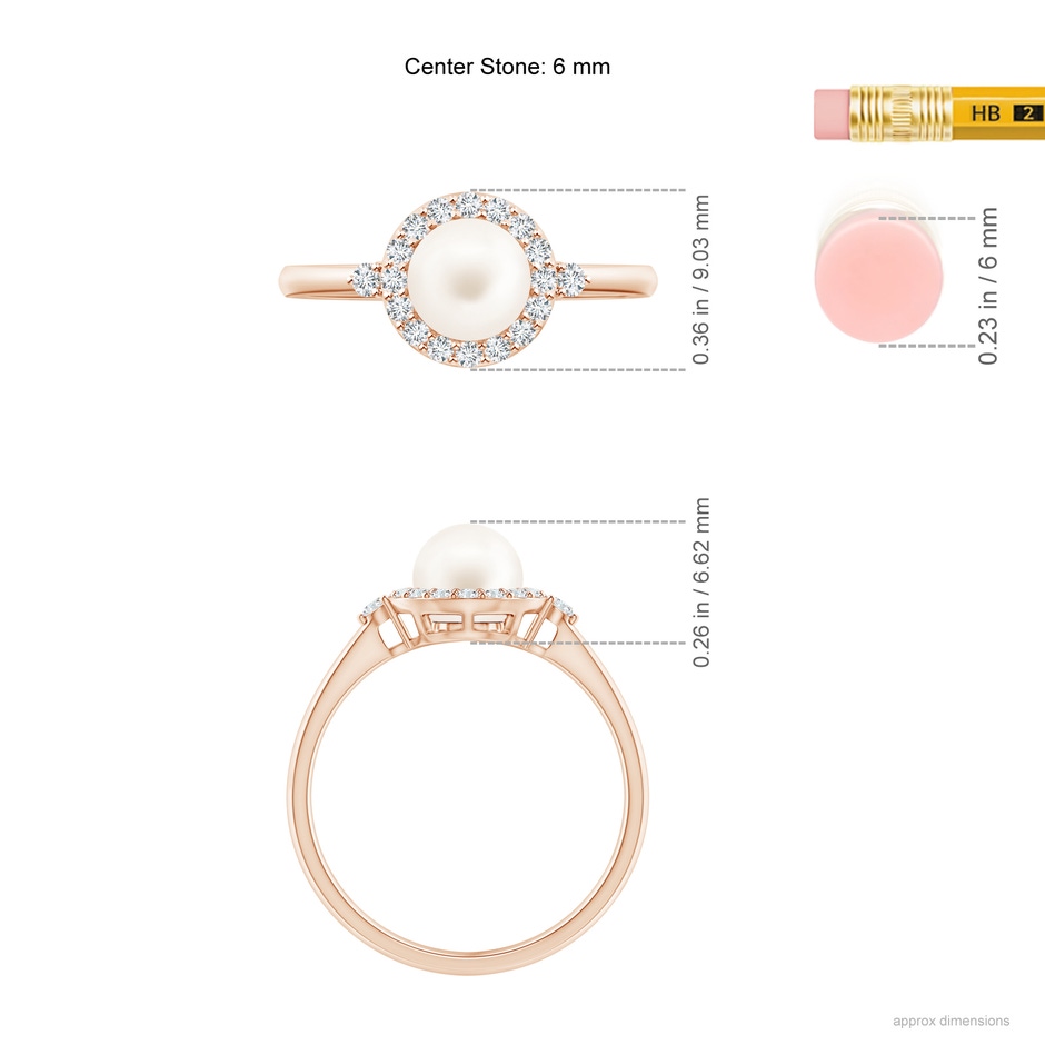 6mm AA Freshwater Pearl Halo Engagement Ring in Rose Gold ruler