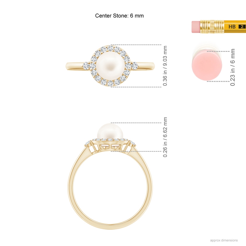 6mm AA Freshwater Pearl Halo Engagement Ring in Yellow Gold ruler