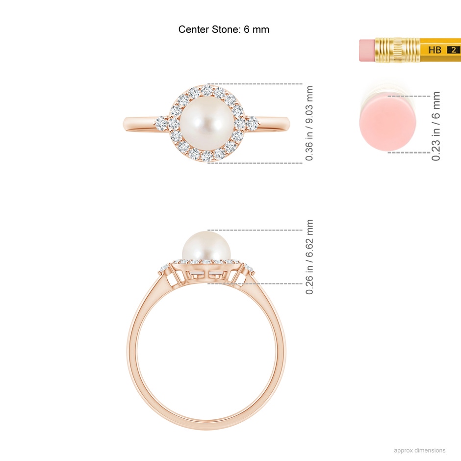 6mm AAAA Freshwater Pearl Halo Engagement Ring in Rose Gold ruler