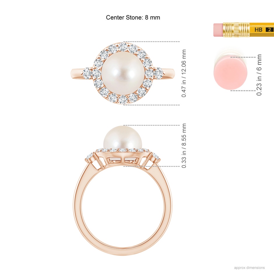 8mm AAAA Freshwater Pearl Halo Engagement Ring in Rose Gold ruler