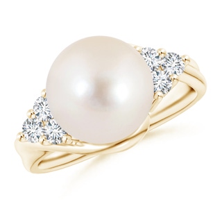 10mm AAAA Freshwater Pearl Bypass Ring with Diamond Trio in Yellow Gold