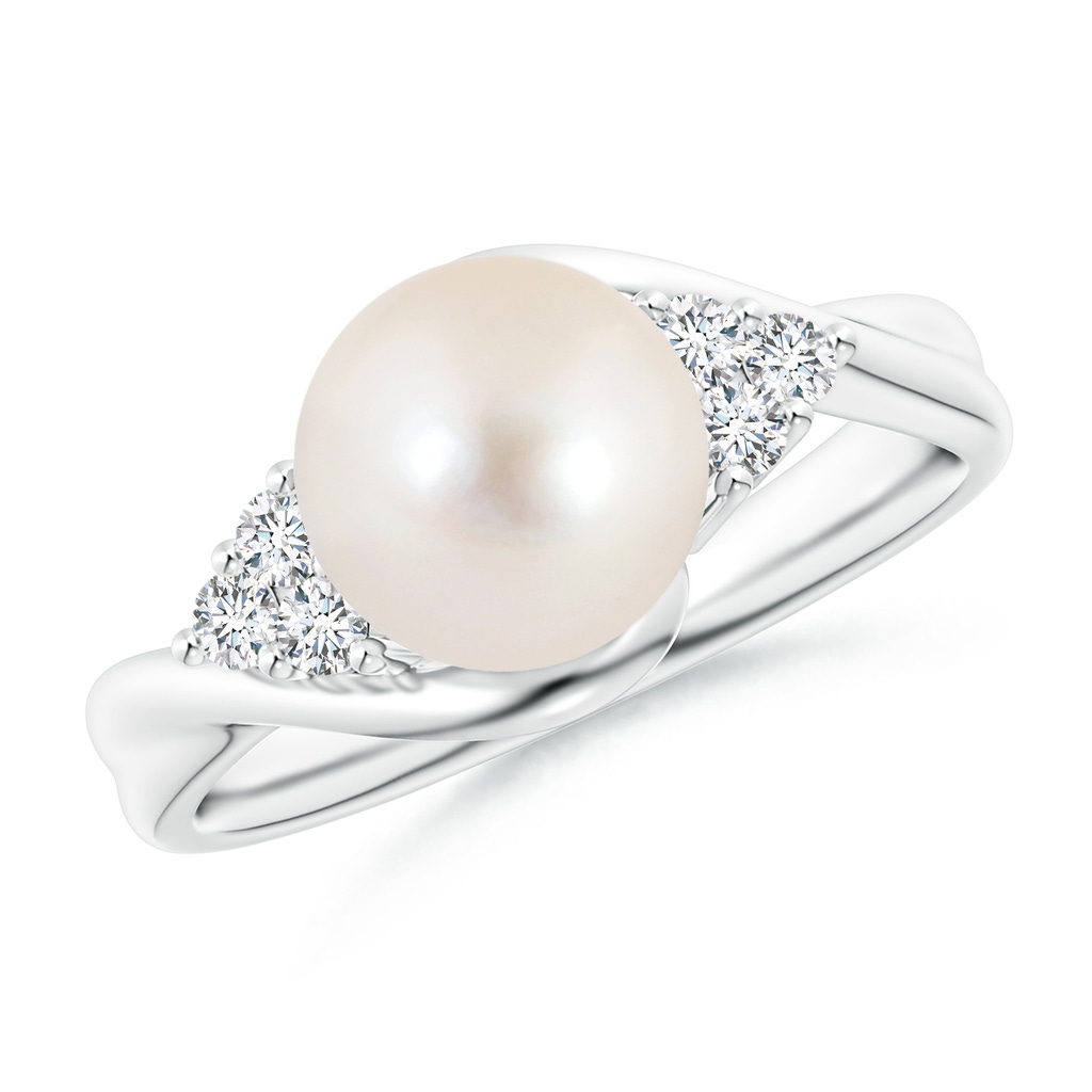 8mm AAAA Freshwater Pearl Bypass Ring with Diamond Trio in White Gold