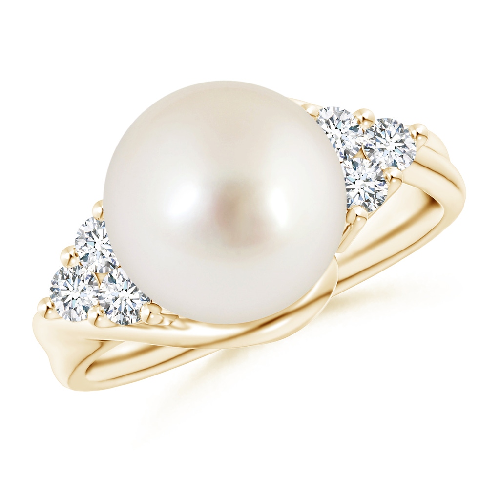 10mm AAAA South Sea Pearl Bypass Ring with Diamond Trio in Yellow Gold