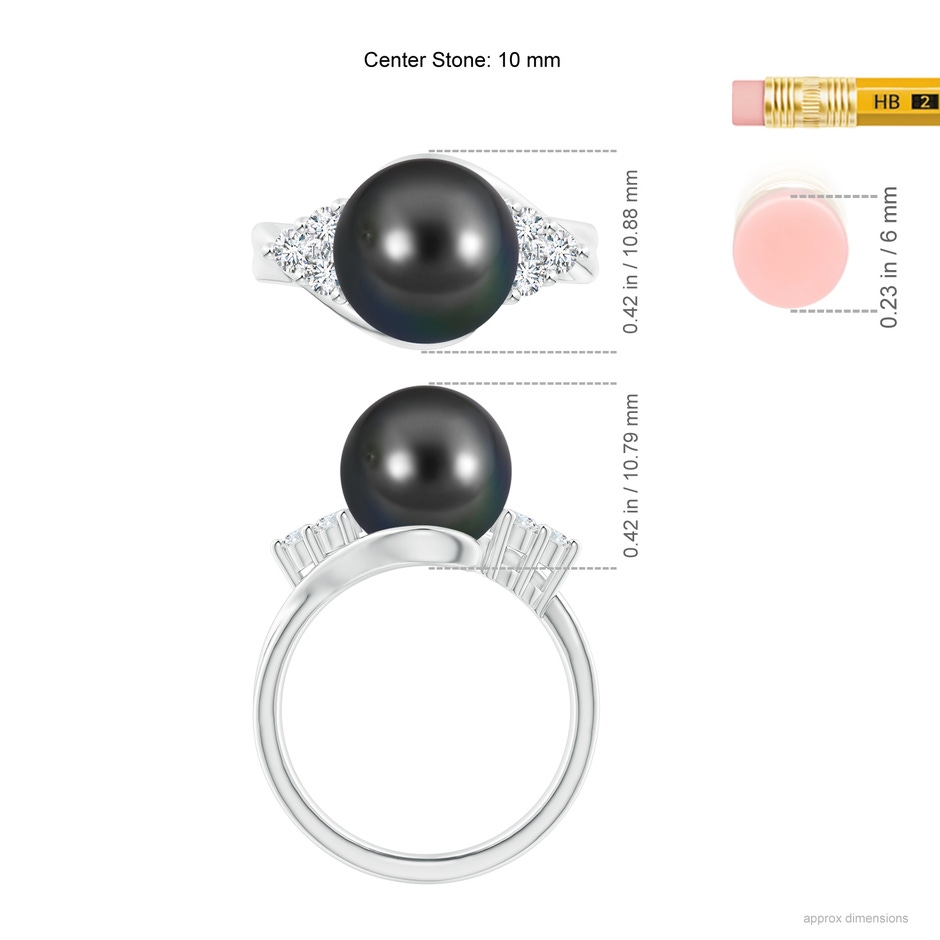 10mm AA Tahitian Pearl Bypass Ring with Diamond Trio in White Gold ruler