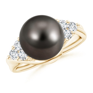 10mm AAA Tahitian Pearl Bypass Ring with Diamond Trio in Yellow Gold