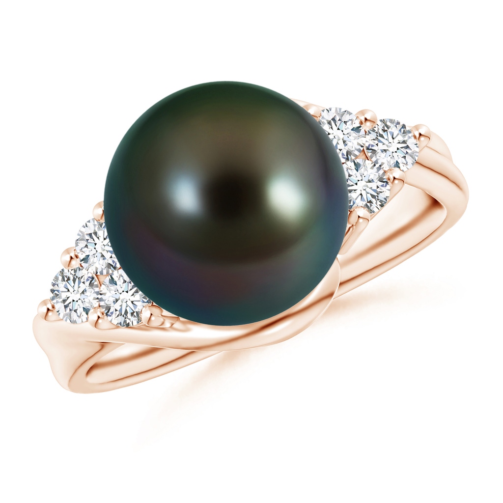 10mm AAAA Tahitian Pearl Bypass Ring with Diamond Trio in Rose Gold