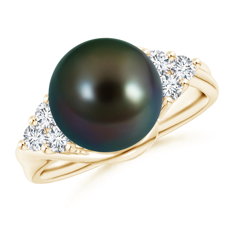 10mm AAAA Tahitian Pearl Bypass Ring with Diamond Trio in Yellow Gold 