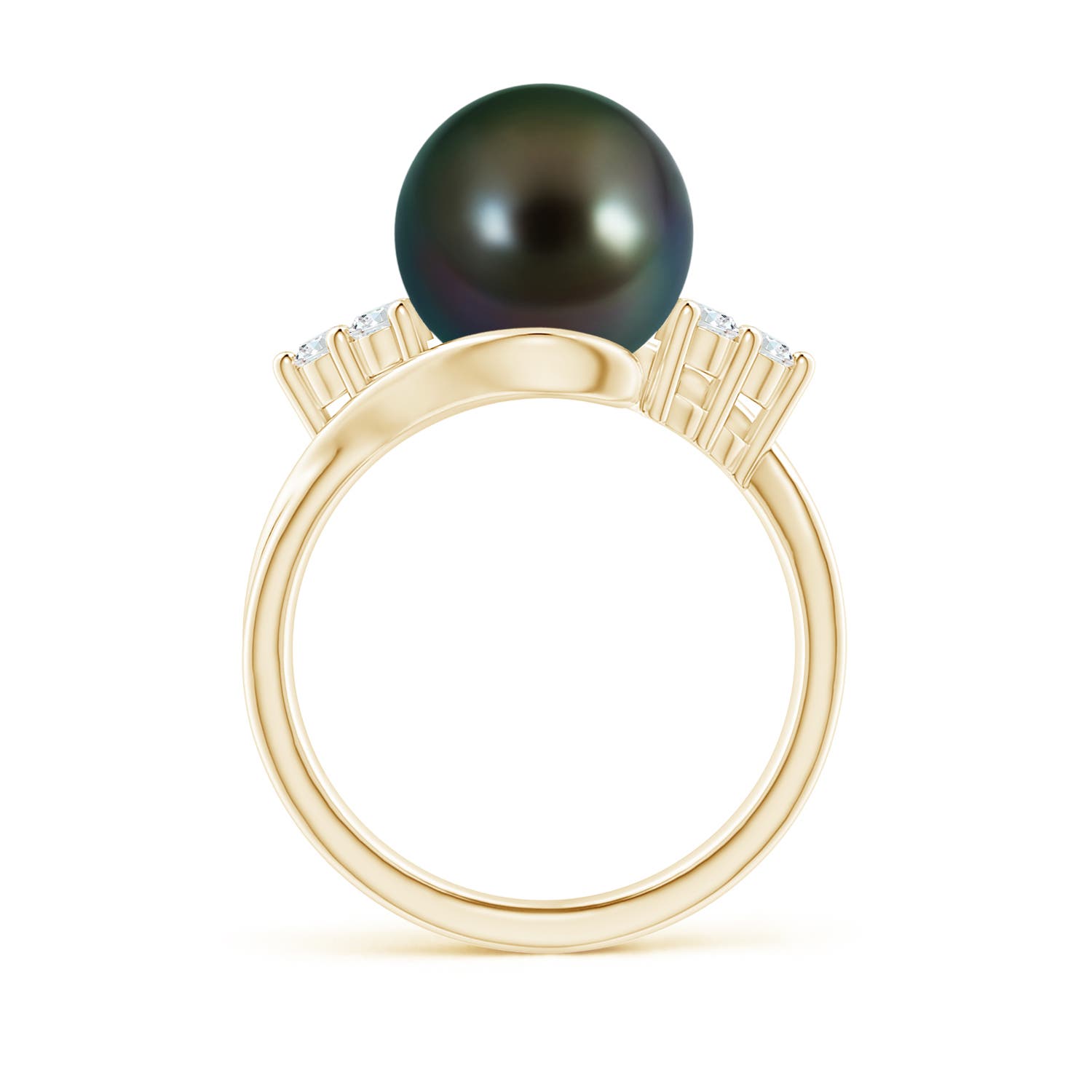 10mm AAAA Tahitian Pearl Bypass Ring with Diamond Trio in Yellow Gold