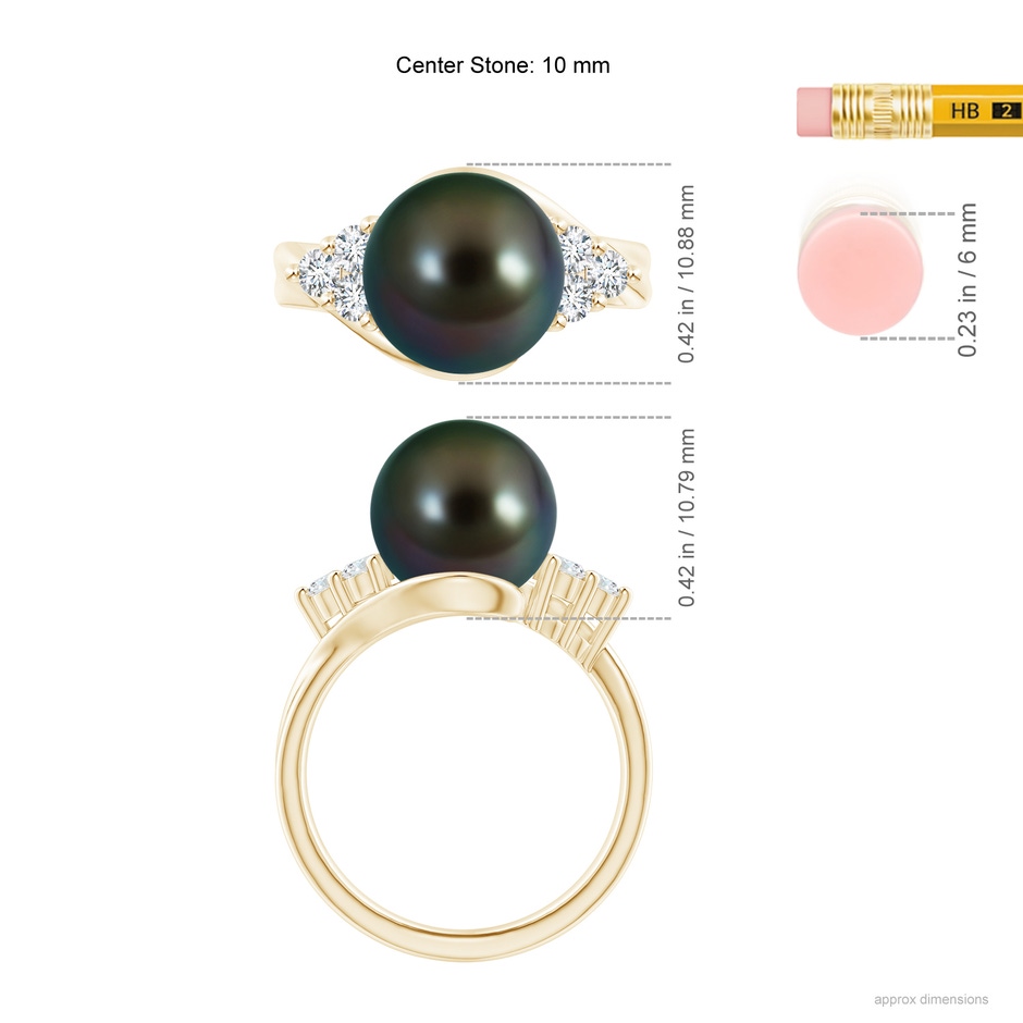 10mm AAAA Tahitian Pearl Bypass Ring with Diamond Trio in Yellow Gold ruler