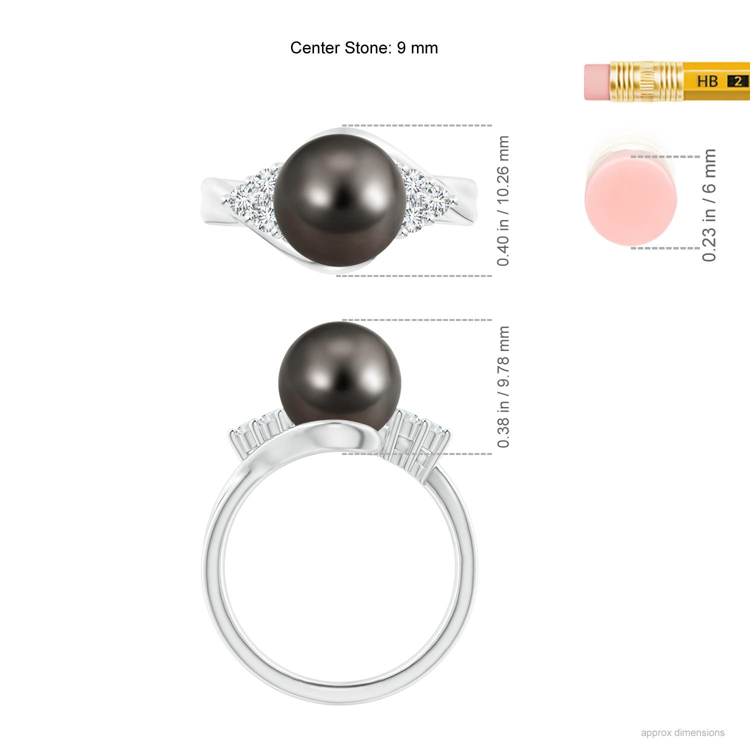 9mm AAA Tahitian Pearl Bypass Ring with Diamond Trio in White Gold - ruler