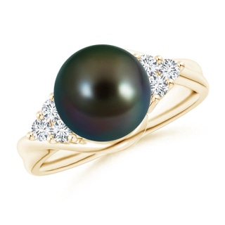 9mm AAAA Tahitian Pearl Bypass Ring with Diamond Trio in Yellow Gold