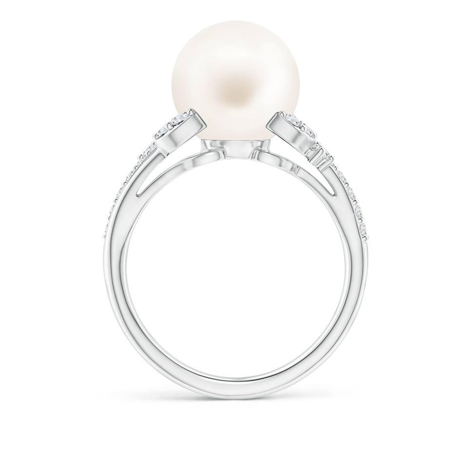 10mm AA Freshwater Pearl and Leaf Ring with Diamonds in White Gold side 1