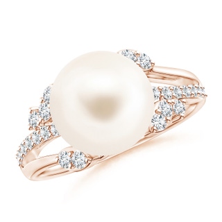 10mm AAA Freshwater Pearl and Leaf Ring with Diamonds in Rose Gold